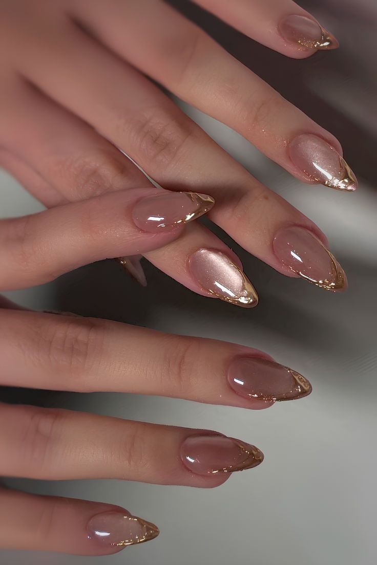 Gold edged blush almond nails